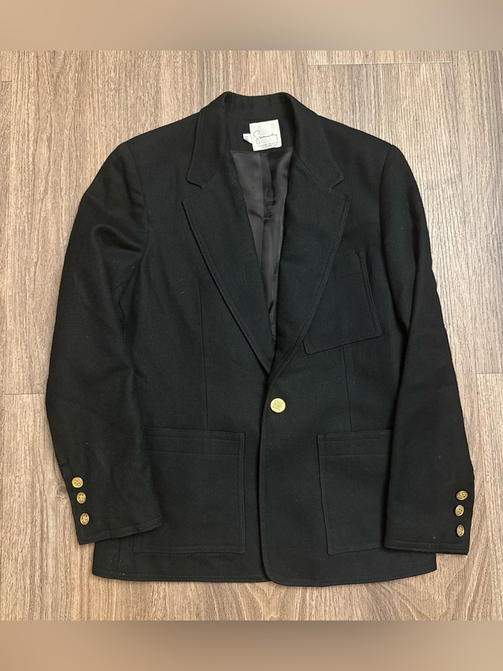 Vintage Givenchy Black Wool Sport Coat with Gold logo Button size 12